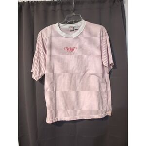 American Weekend Women's Large Shirt, Red Striped Embroidered Top, Short Sleeves